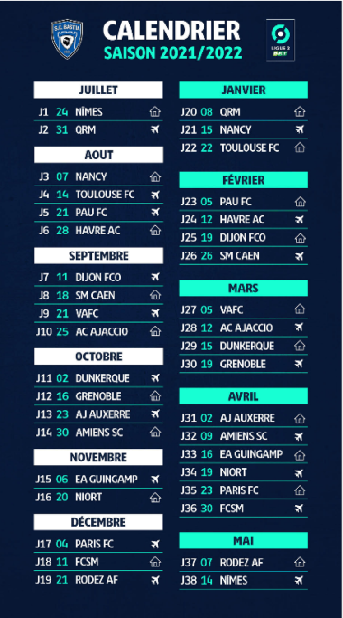 Ligue 2 - Le calendrier 2021-2022 club par club - MaLigue2