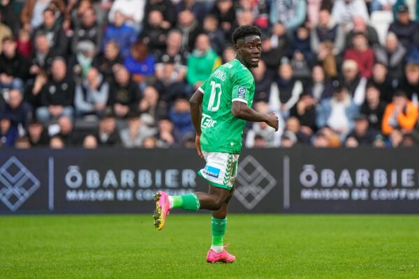 Nathanael Mbuku of AS Saint-Etienne during the Ligue 2 BKT match between Angers Sporting Club de l'Ouest and Association Sportive de Saint-Etienne at Stade Jean Bouin on February 17, 2024 in Angers, France. (Photo by Hugo Pfeiffer/Icon Sport) - Photo by Icon Sport